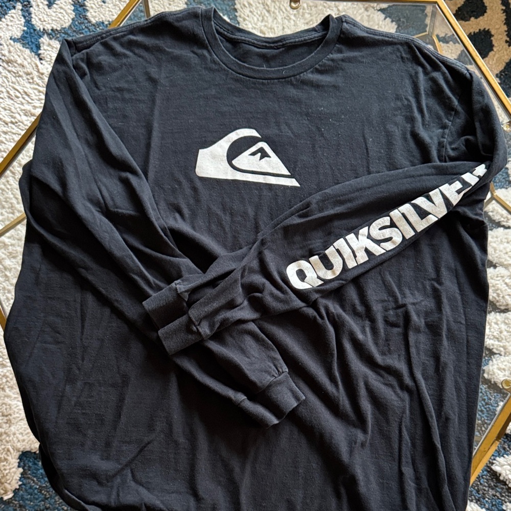 Quiksilver Men's Black and White Logo Long Sleeve Tee